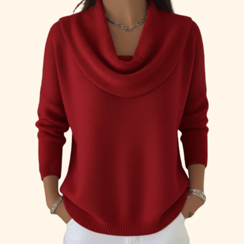 Fenella red cowl-neck long sleeve sweater, front view