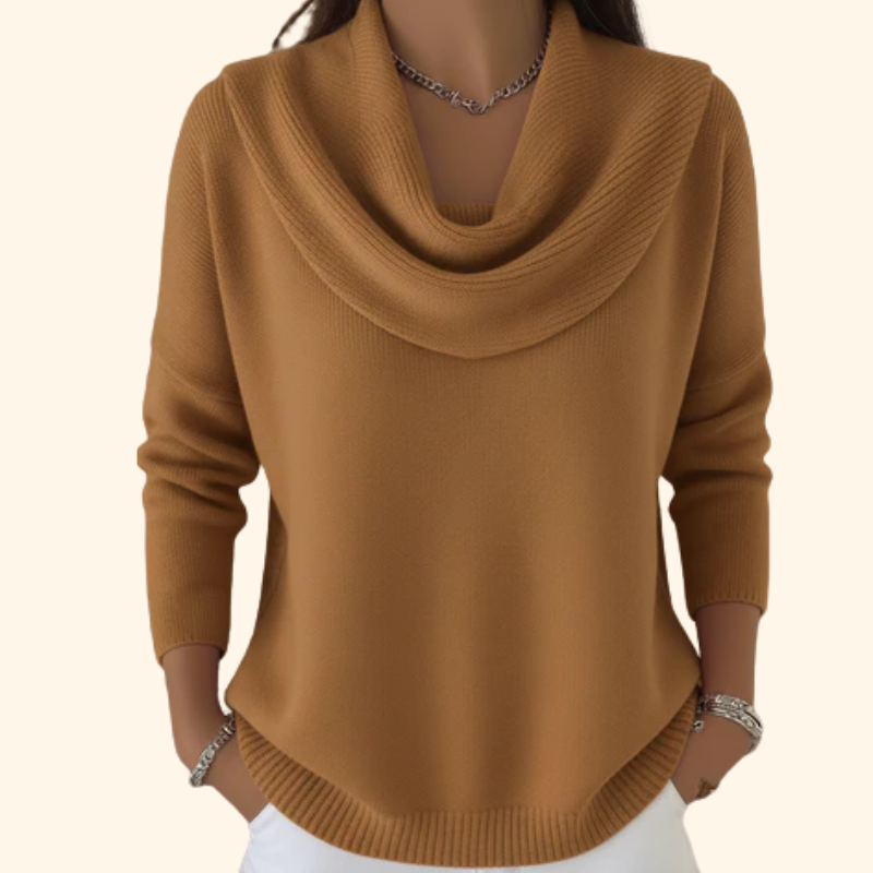 Fenella brown cowl-neck long sleeve sweater, front view