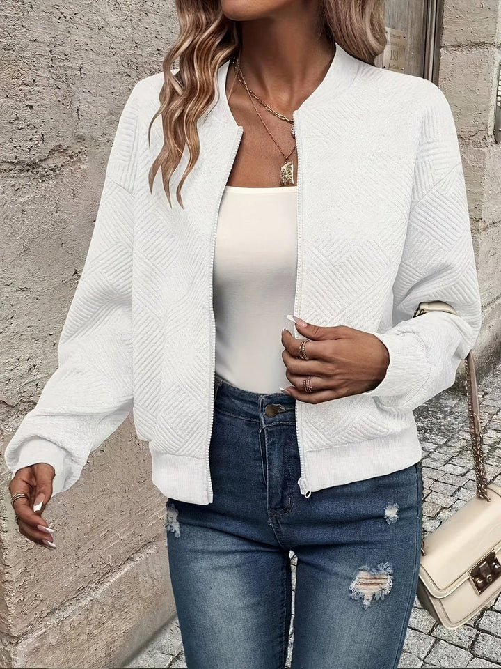 Fenwick white textured zip-up bomber jacket, front view