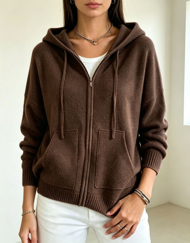 Fernanda cream hooded zip cardigan with ribbed cuffs, front view