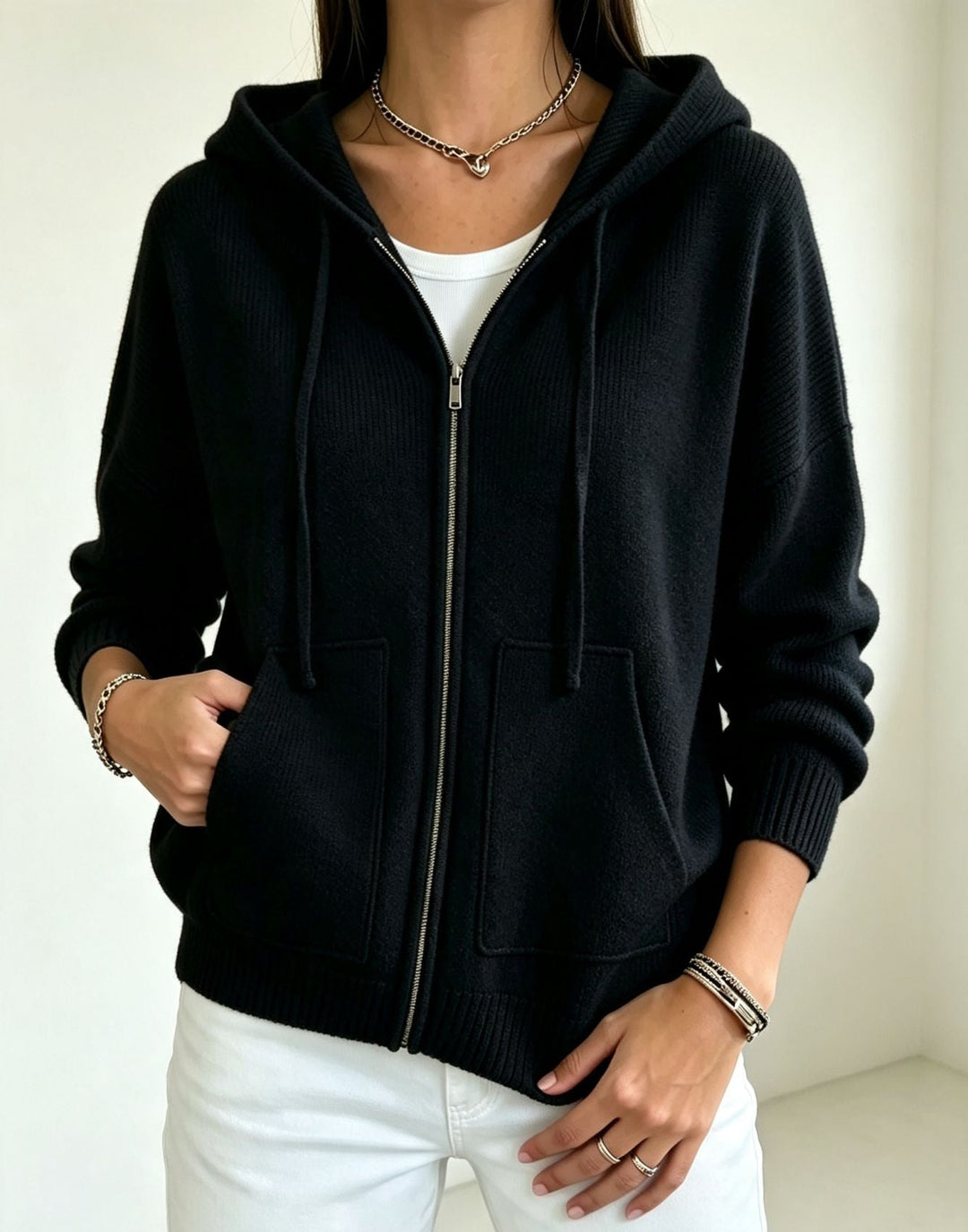 Fernanda cream hooded zip cardigan with ribbed cuffs, front view