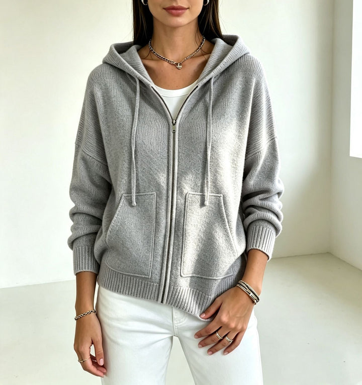 Fernanda cream hooded zip cardigan with ribbed cuffs, front view