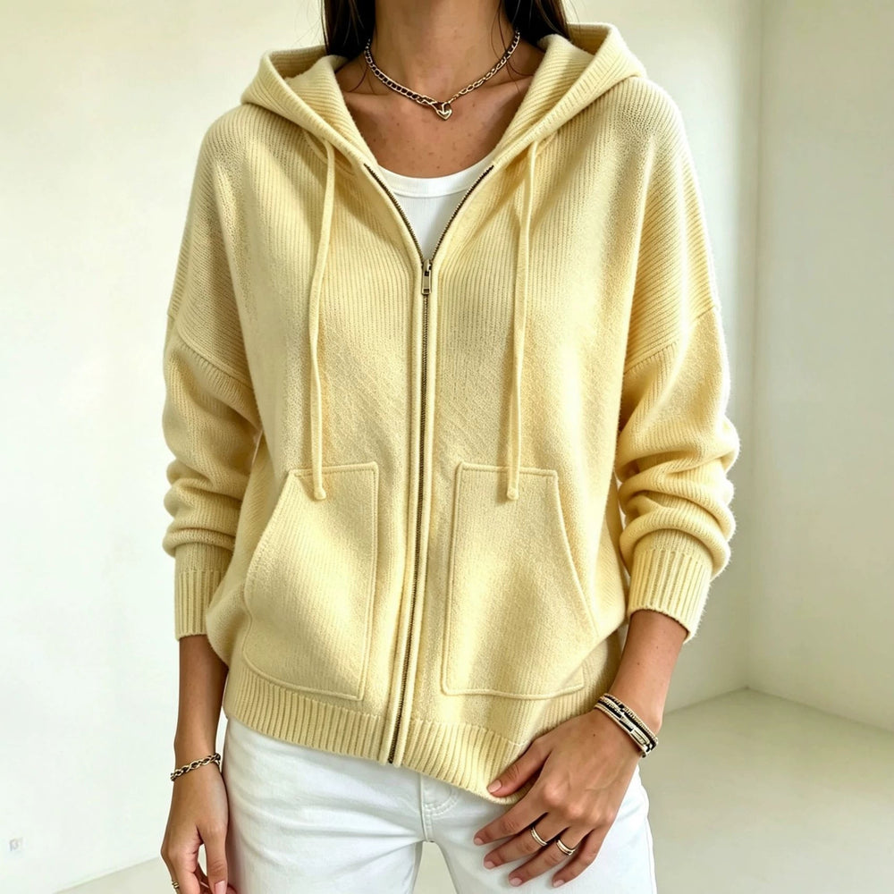 Fernanda yellow hooded zip cardigan with kangaroo pockets, front view