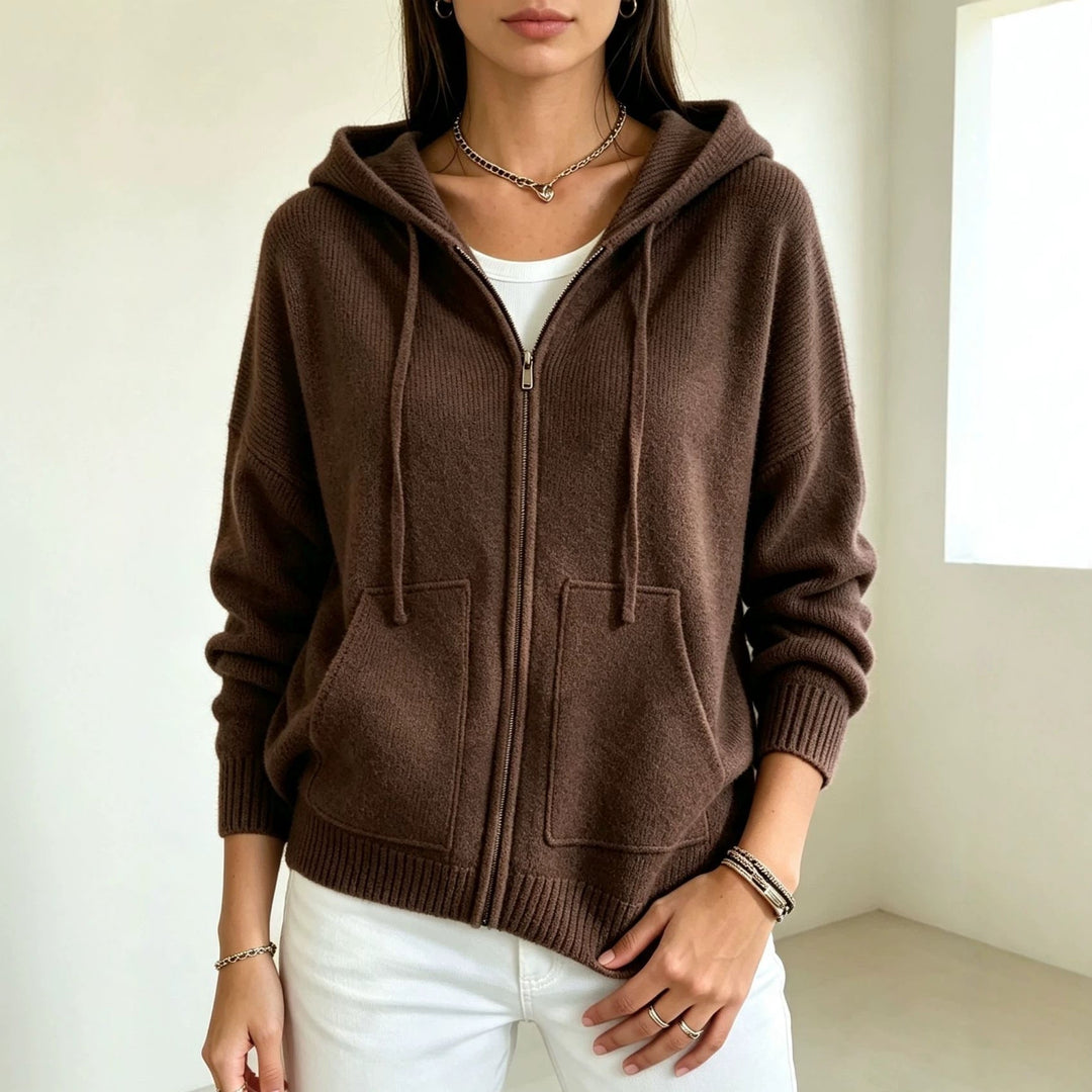 Fernanda brown oversized hooded zip cardigan, front view