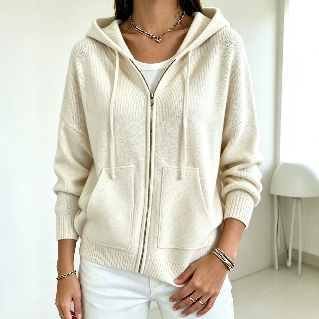 Fernanda cream hooded zip cardigan with ribbed cuffs, front view