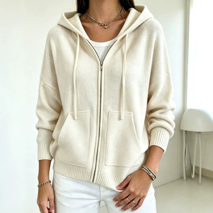Fernanda cream hooded zip cardigan with ribbed cuffs, front view