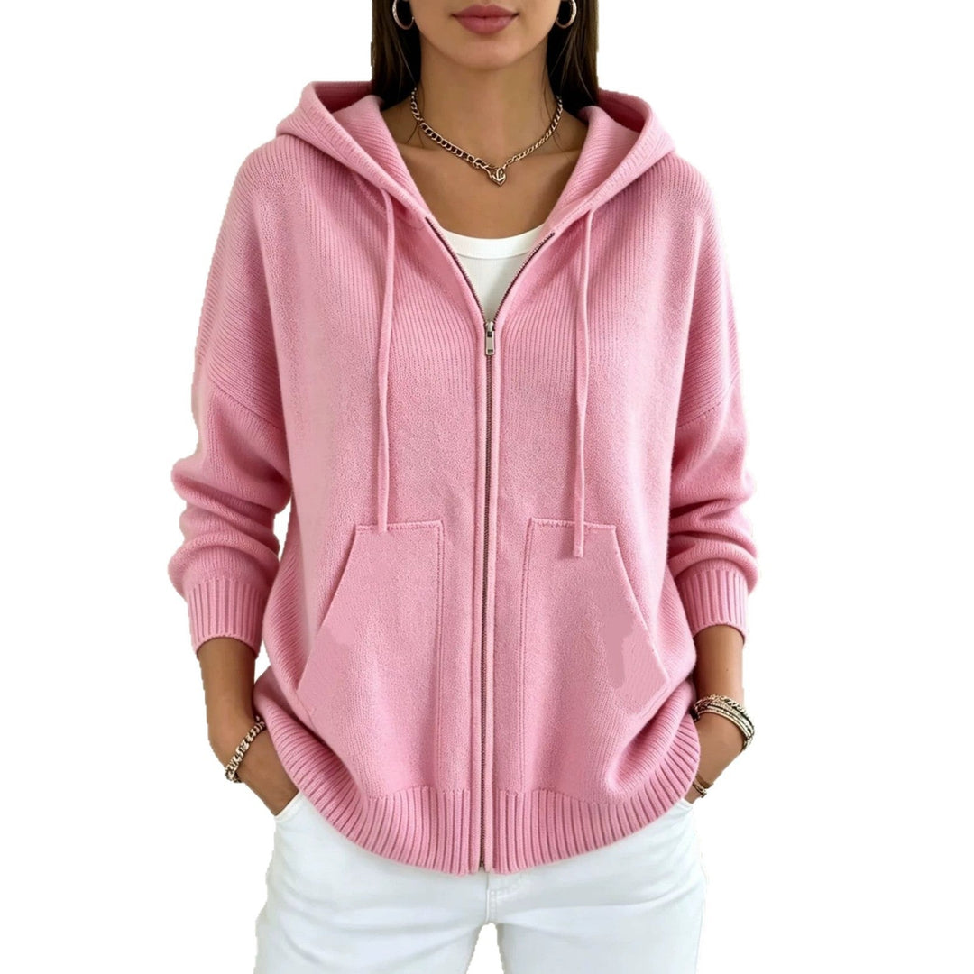 Fernanda cream hooded zip cardigan with ribbed cuffs, front view