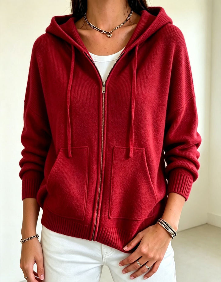 Fernanda cream hooded zip cardigan with ribbed cuffs, front view