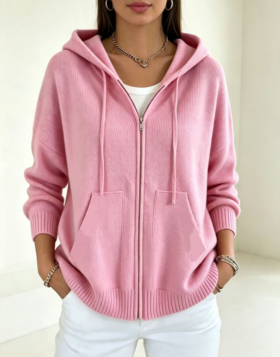 Fernanda cream hooded zip cardigan with ribbed cuffs, front view