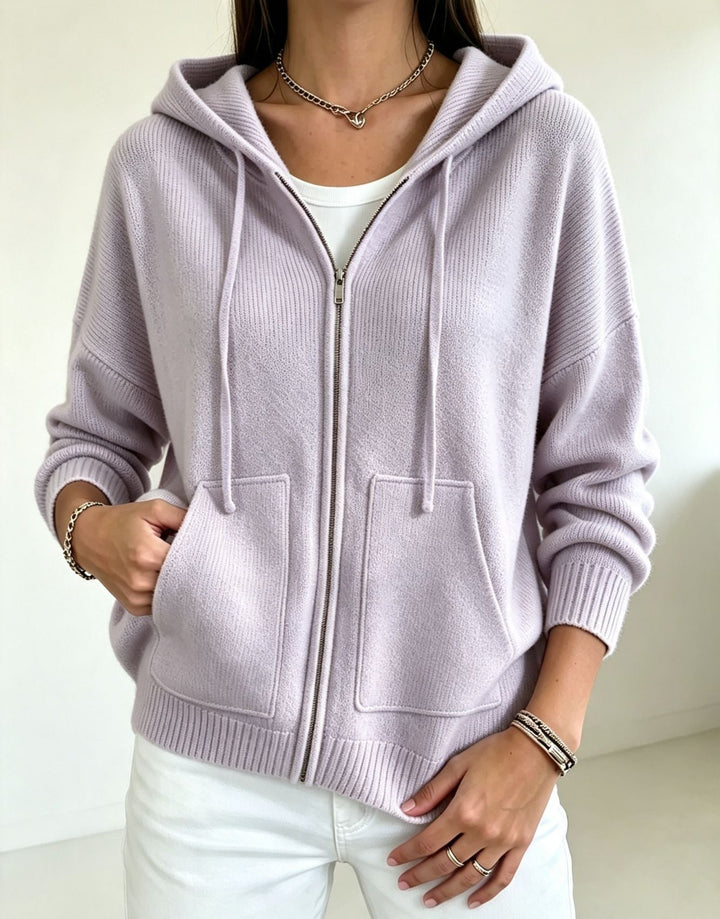 Fernanda cream hooded zip cardigan with ribbed cuffs, front view