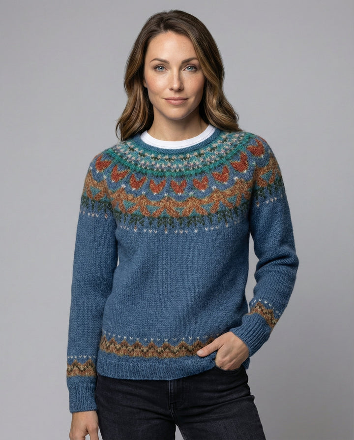 Close-up front view of Freya Icelandic knit sweater fair isle yoke detail with white t-shirt underneath
