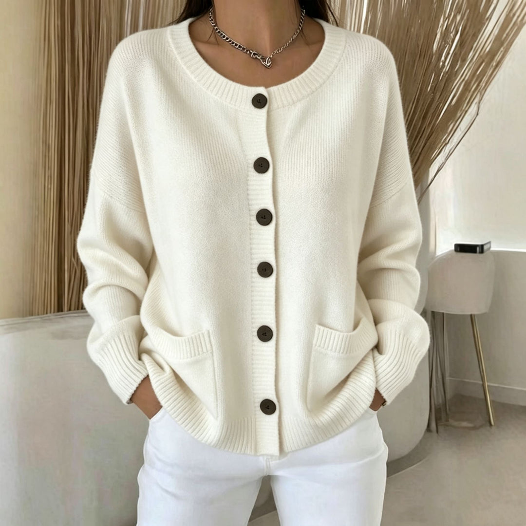 Genevieve cream button front cardigan with pockets, front view