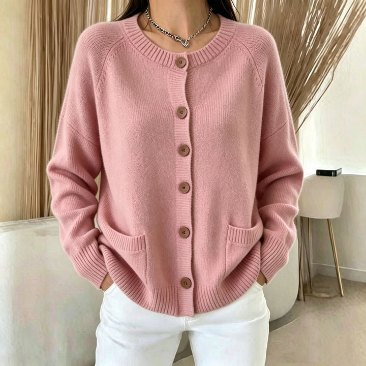 Genevieve pink button front cardigan with pockets, front view