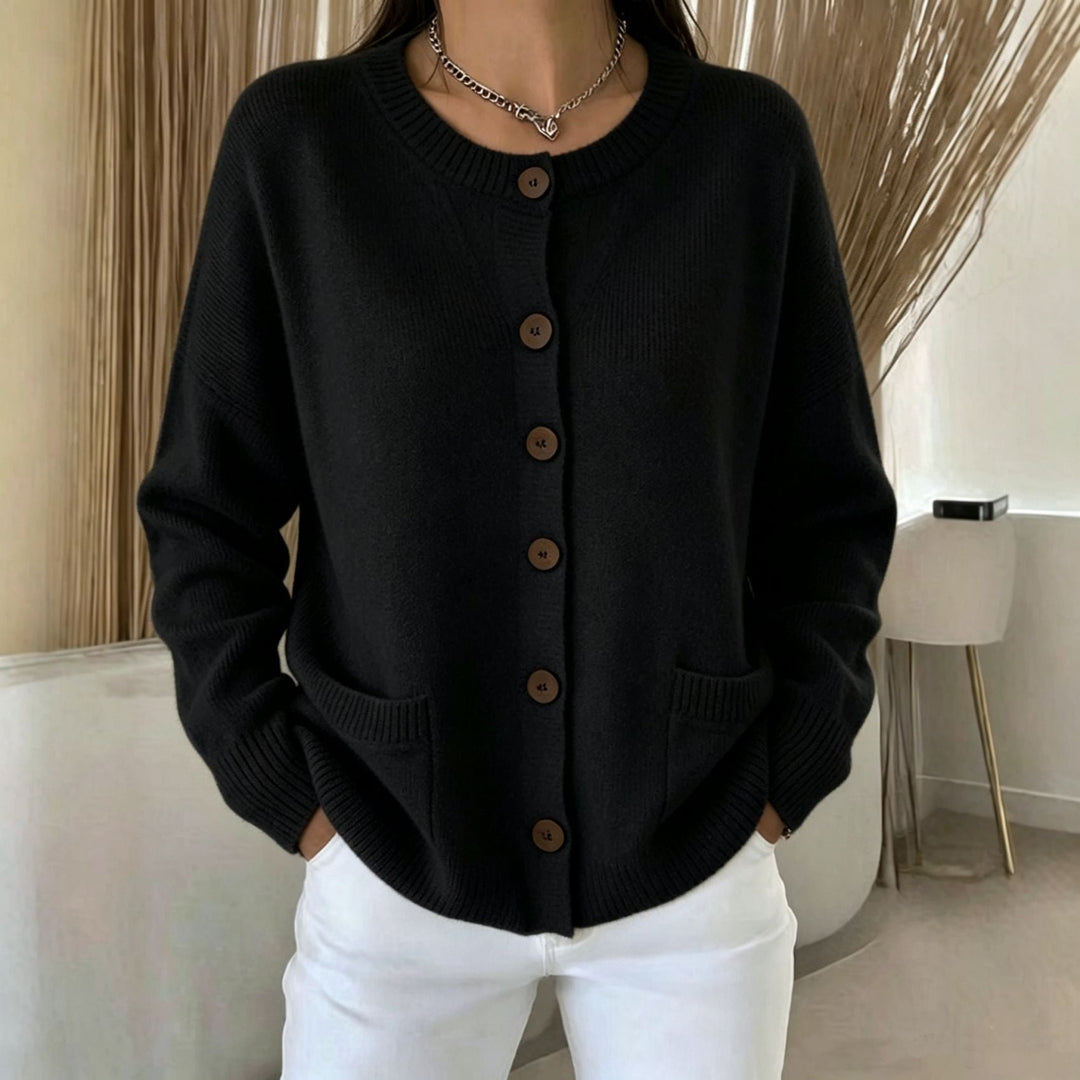 Genevieve black button front cardigan with pockets, front view