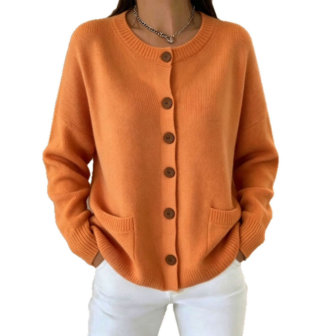 Genevieve black button front cardigan with pockets, front view
