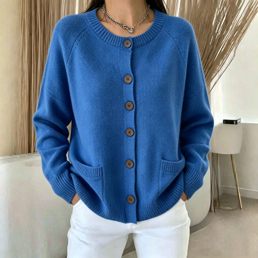 Genevieve black button front cardigan with pockets, front view