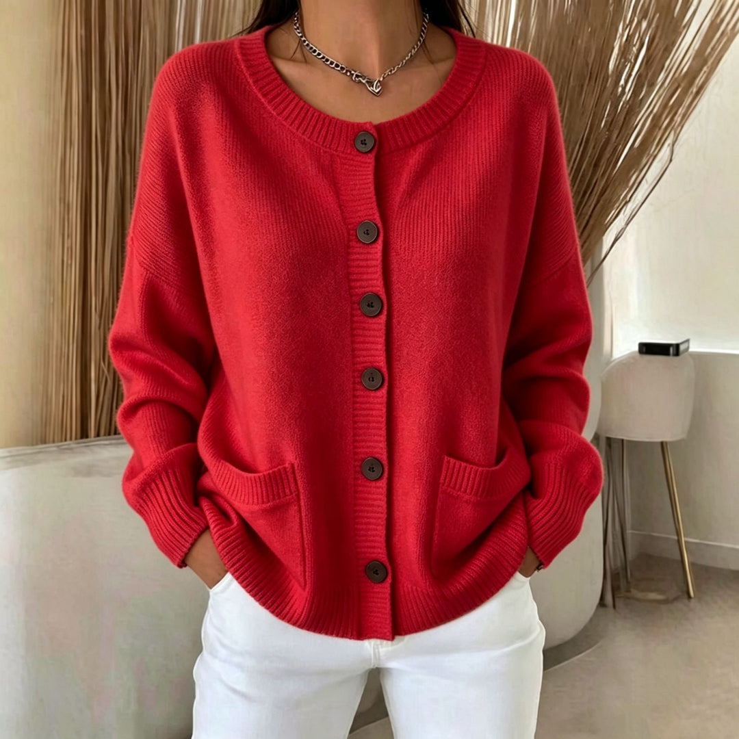 Genevieve black button front cardigan with pockets, front view