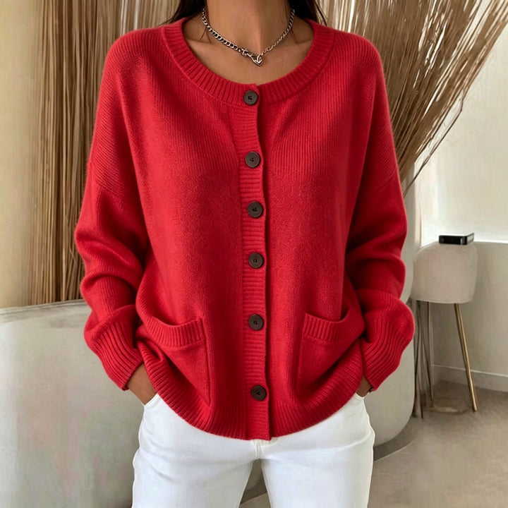 Genevieve black button front cardigan with pockets, front view
