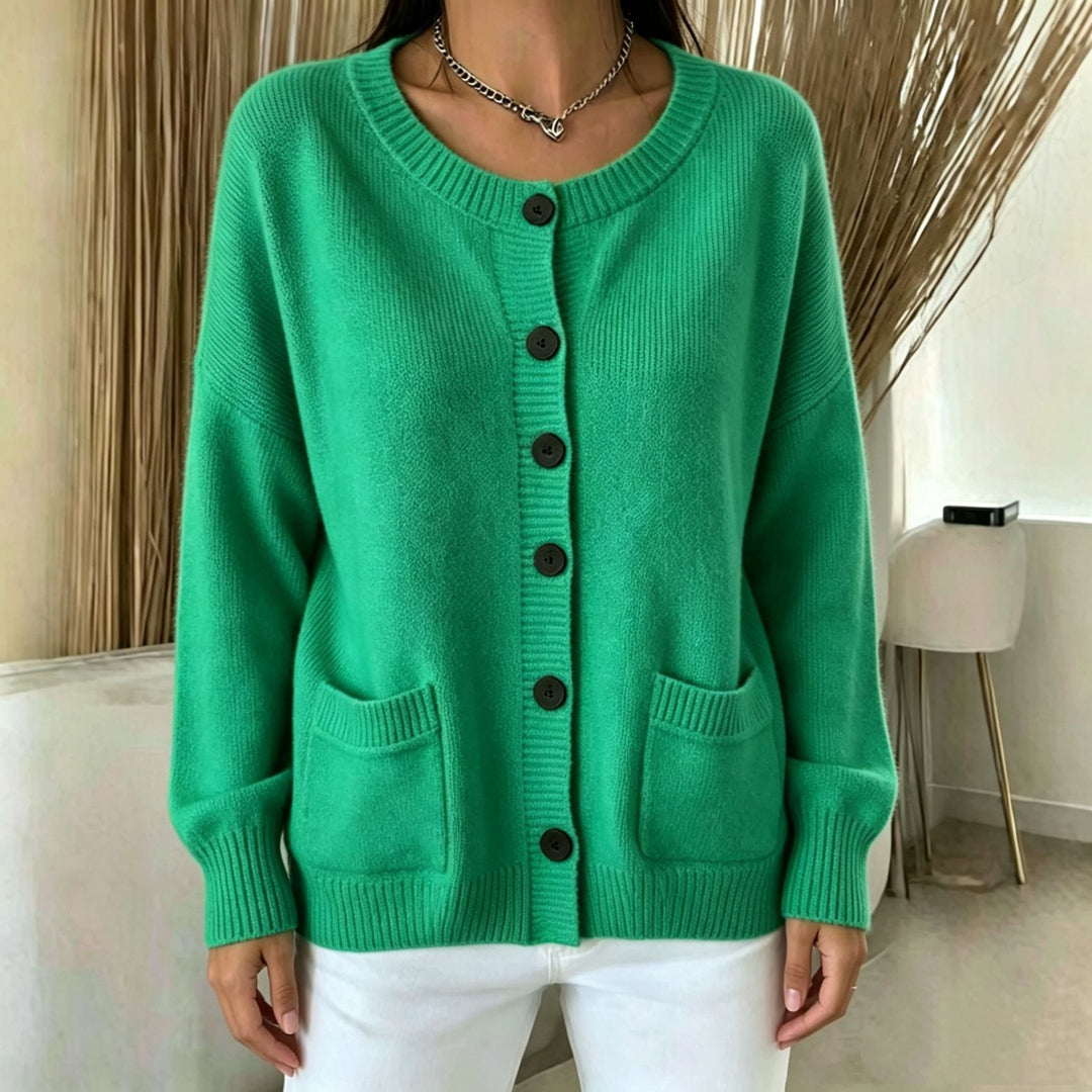 Genevieve black button front cardigan with pockets, front view