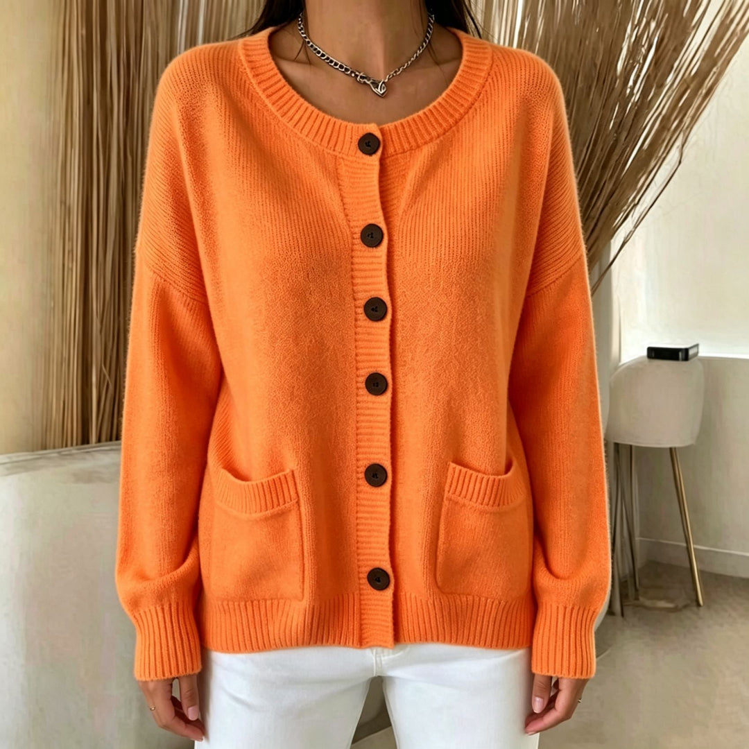 Genevieve black button front cardigan with pockets, front view