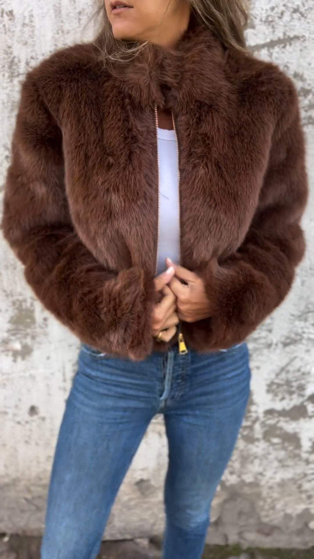 Genevieve faux fur jacket, full front view with zipper detail