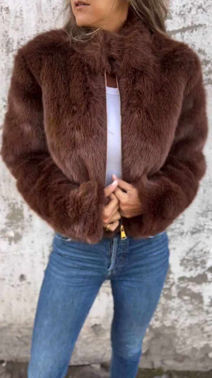 Genevieve faux fur jacket, full front view with zipper detail