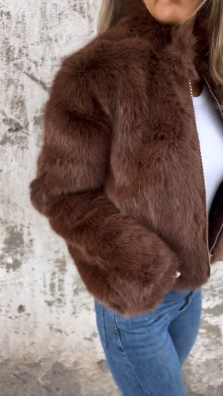 Genevieve faux fur jacket, side view showing sleeve texture