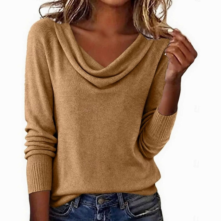 Genevieve draped cowl neck long sleeve sweater in khaki, front view