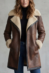Genevieve | Women's Faux Shearling Collar Zip-Front Midi Jacket