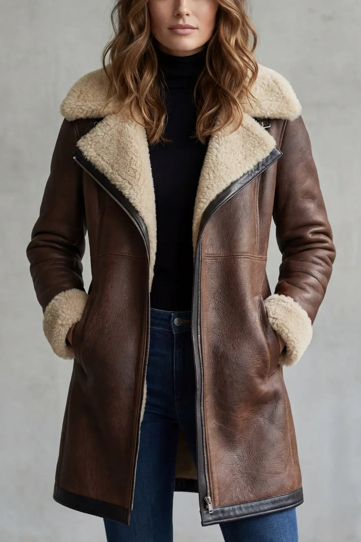 Genevieve faux shearling collar midi jacket, close-up front view