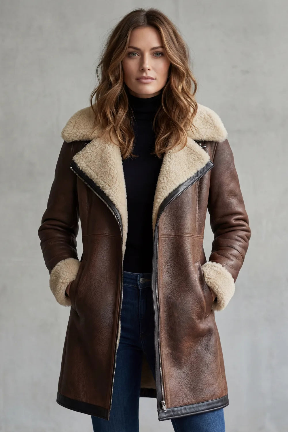 Genevieve faux shearling collar midi jacket, front view