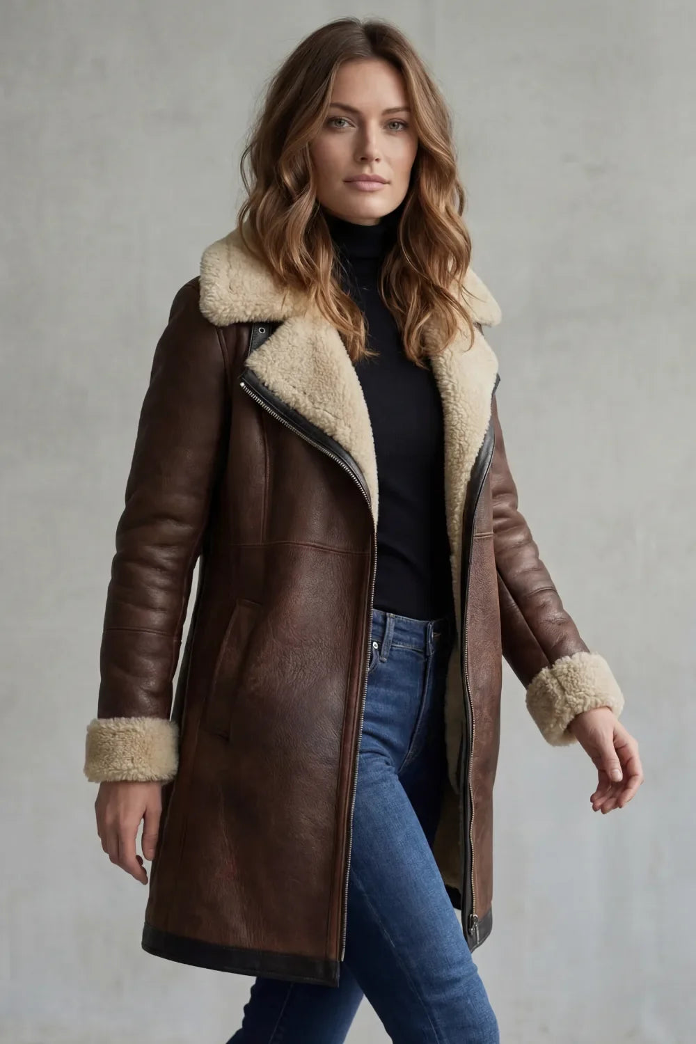 Genevieve faux shearling collar midi jacket, side walking view