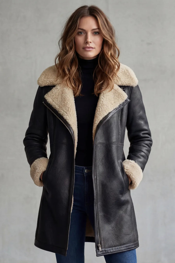 Genevieve faux shearling collar midi jacket, back view