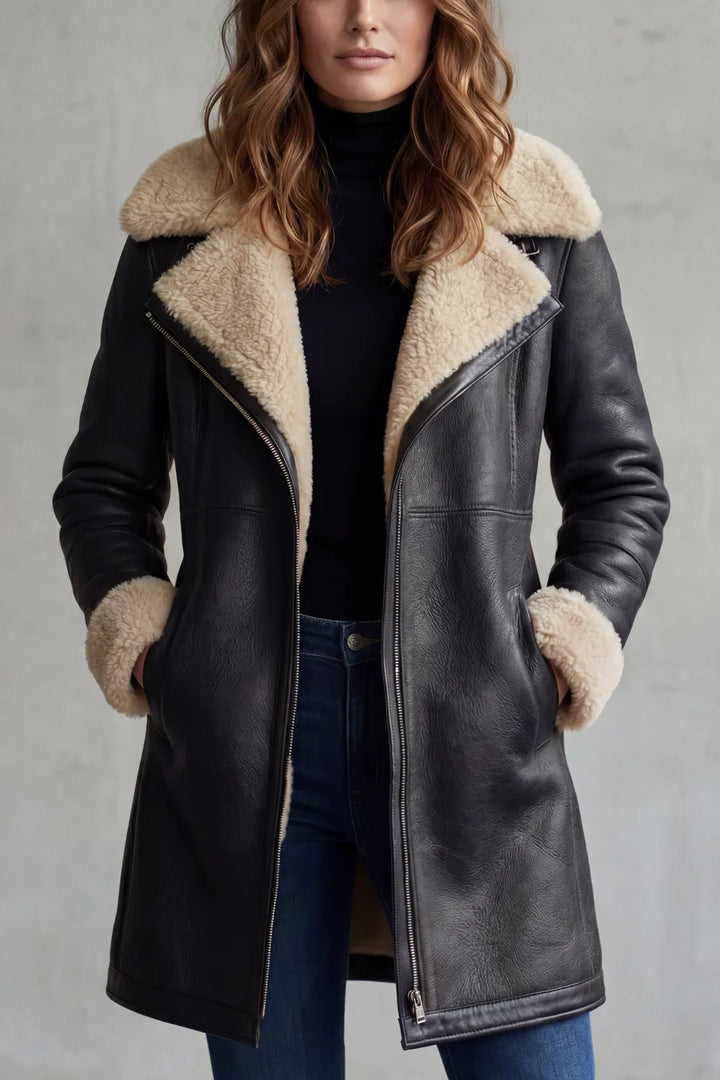 Genevieve faux shearling collar midi jacket, back view
