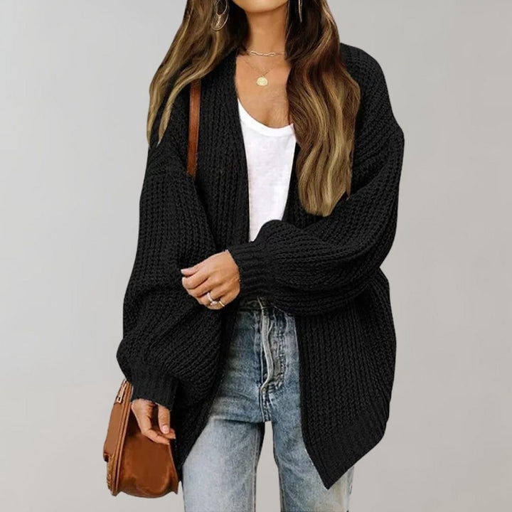 Genevieve open front chunky knit cardigan in black, front view