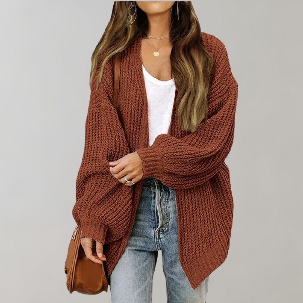 Genevieve open front chunky knit cardigan in rust, front view