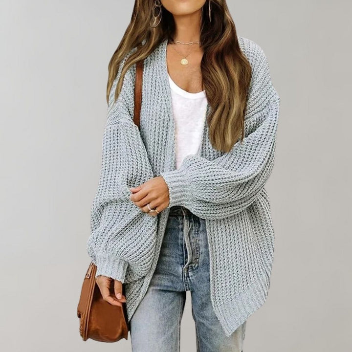 Genevieve open front chunky knit cardigan in grey, front view
