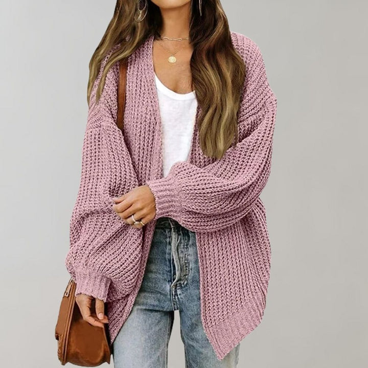 Genevieve open front chunky knit cardigan in pink, front view