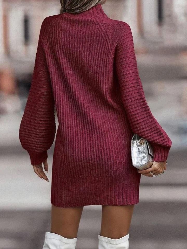 Genevieve ribbed mock neck sweater dress, back view