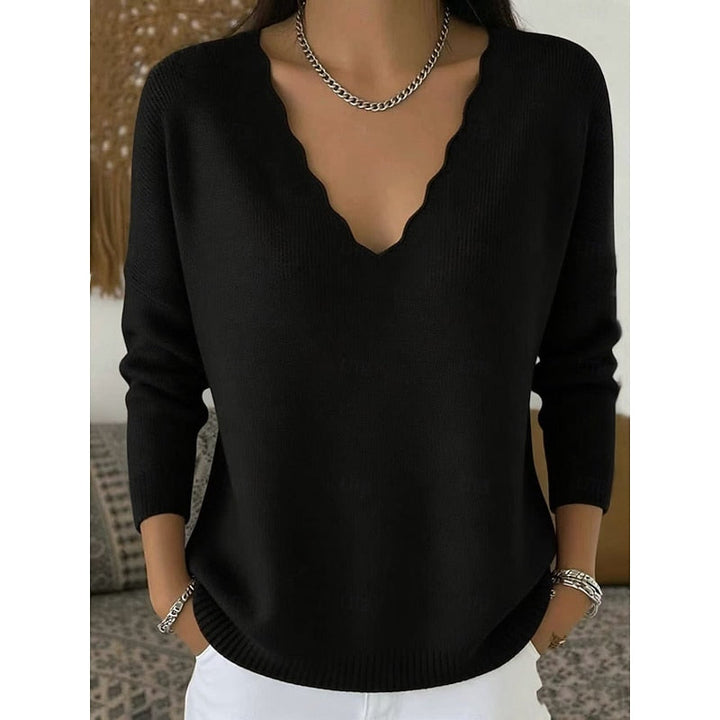 Genevieve apricot scalloped V-neck pullover sweater, front view