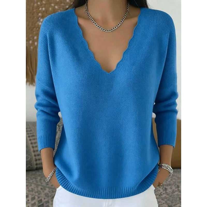 Genevieve royal blue scalloped V-neck pullover sweater, front view