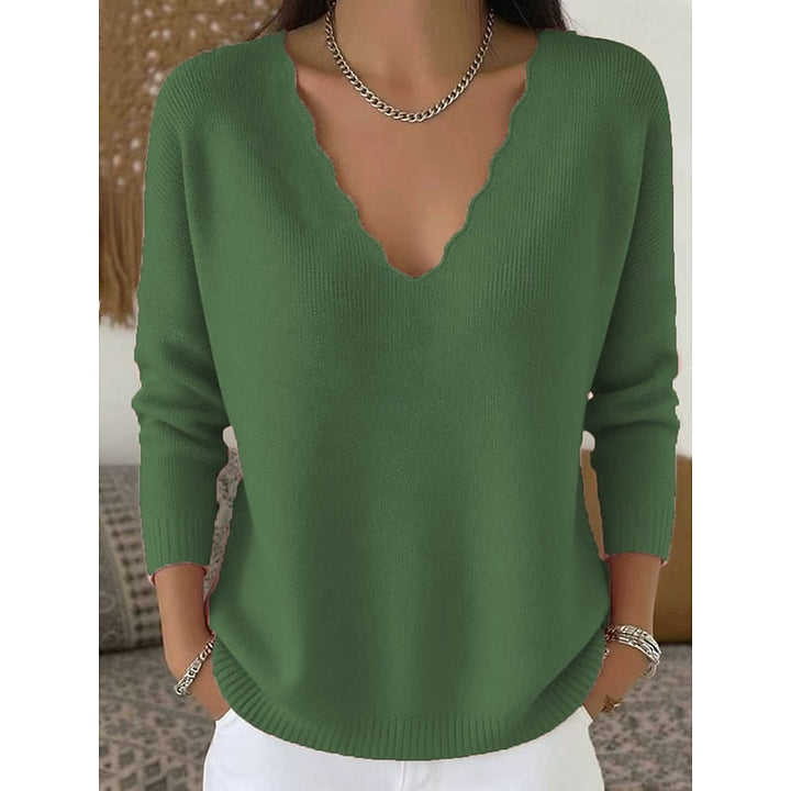 Genevieve military green scalloped V-neck pullover sweater, front view