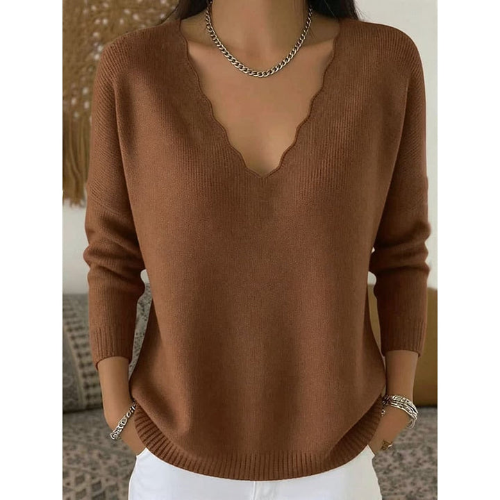 Genevieve apricot scalloped V-neck pullover sweater, front view