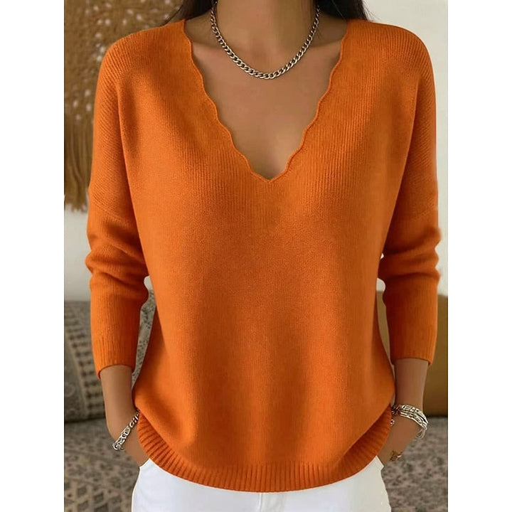 Genevieve apricot scalloped V-neck pullover sweater, front view