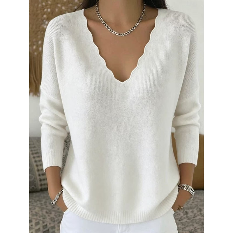 Genevieve apricot scalloped V-neck pullover sweater, front view