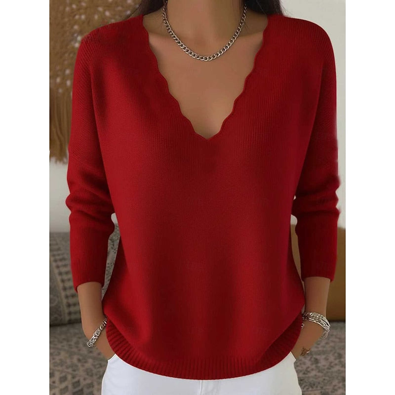 Genevieve apricot scalloped V-neck pullover sweater, front view
