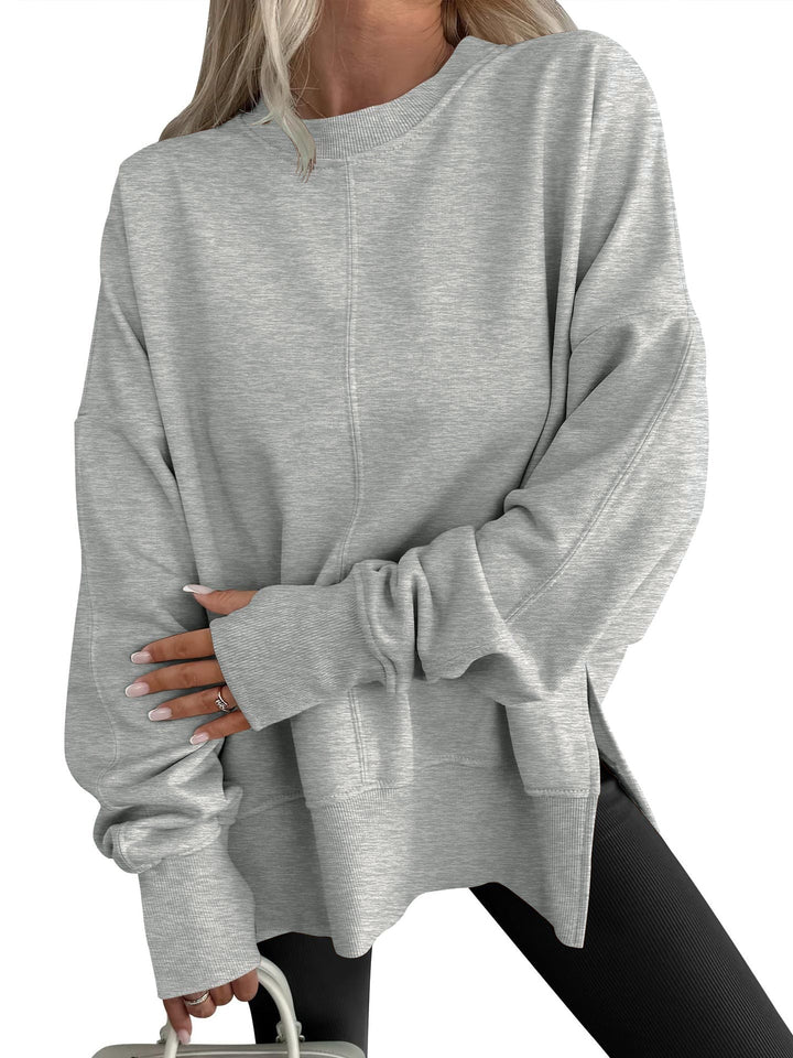 Gwen oversized crew neck sweatshirt in gray, front view with cuffed sleeves