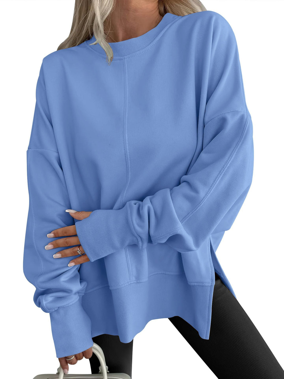 Gwen oversized crew neck sweatshirt in blue, front view with ribbed cuffs
