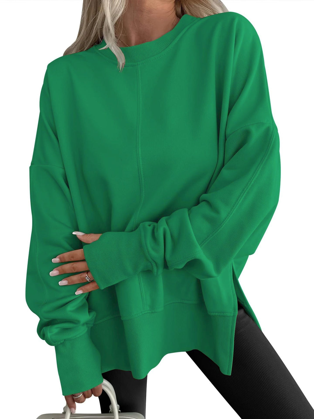 Gwen oversized crew neck sweatshirt in green, front view with dropped shoulders