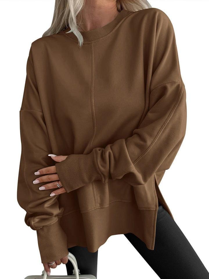 Gwen oversized crew neck sweatshirt in brown, front view with long sleeves